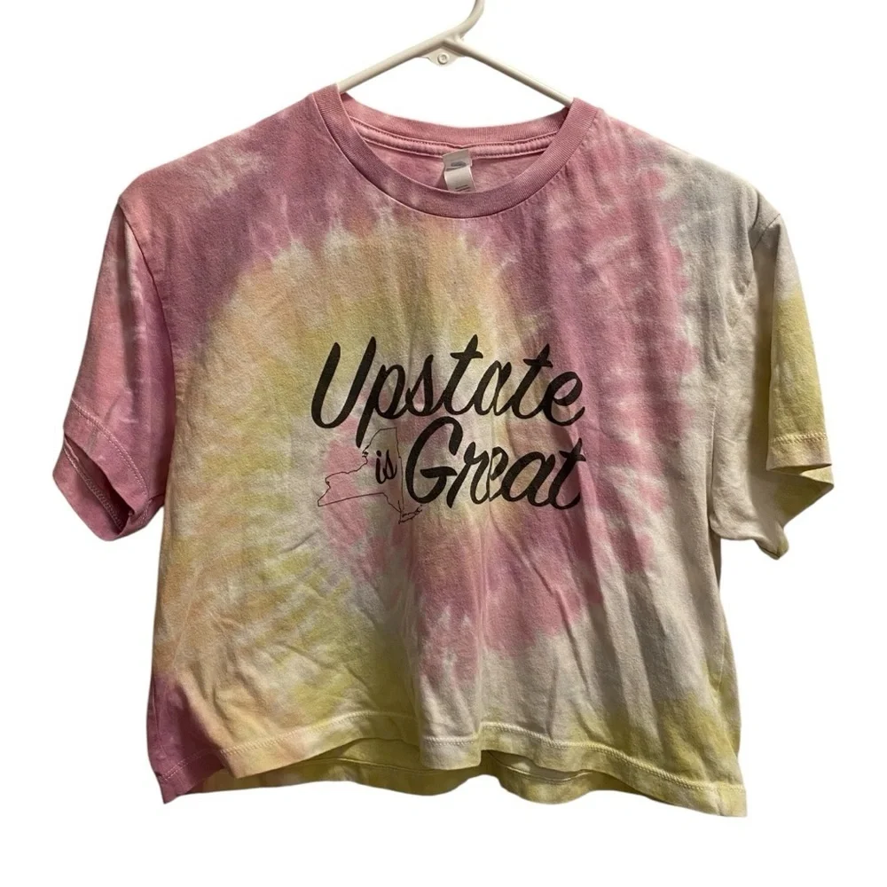 BODCOMPLEX Upstate Is Great Tie-Dye Graphic Women's Crop Top T-Shirt Size L NY - Picture 2 of 6